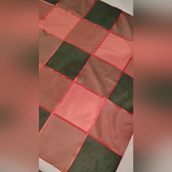 Vintage Checkered Square Scarf Pink & Grey Ribbon Rolled Hem - Picture 6 of 11